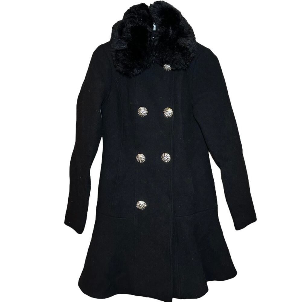 Kate Spade Double Breasted Jeweled Button Wool Coat Mid Length Faux Fur Black XS - Picture 2 of 6